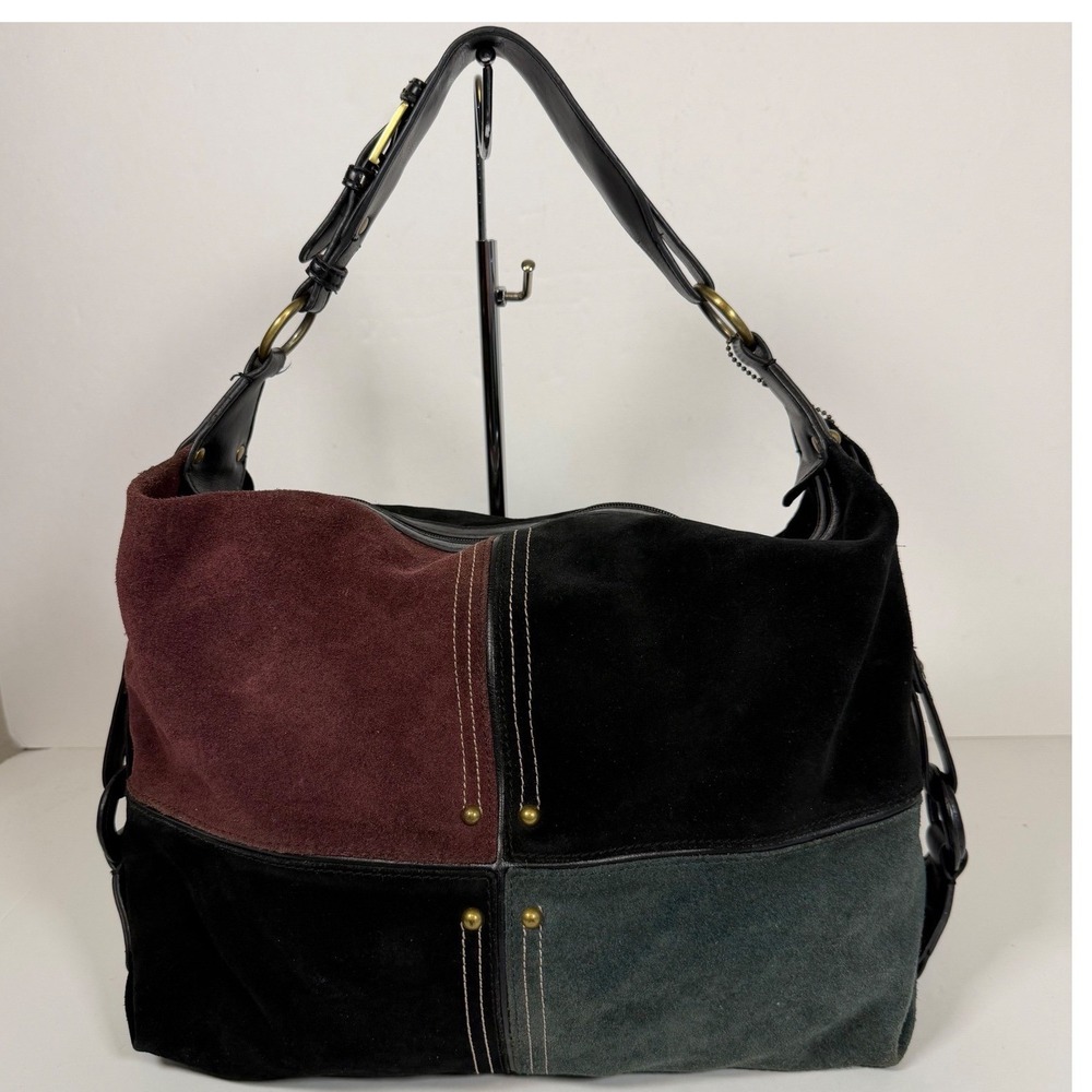 Suede Leather Shoulder Bag Black Y2K Colorblock Large Slouchy Boho Moto Grunge